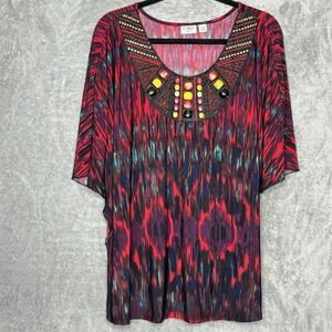 Cato 18 20W 1X Shirt Top Red Geometric Short Sleeve Scoop Neck Embellished